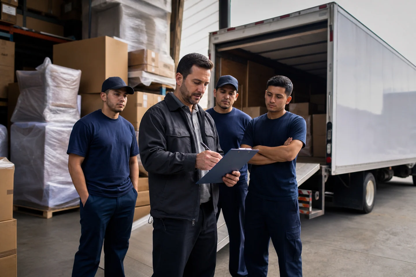 Moving company owner reviewing an insurance checklist near a box truck, cargo inventory clipboard, and warehouse staging area.