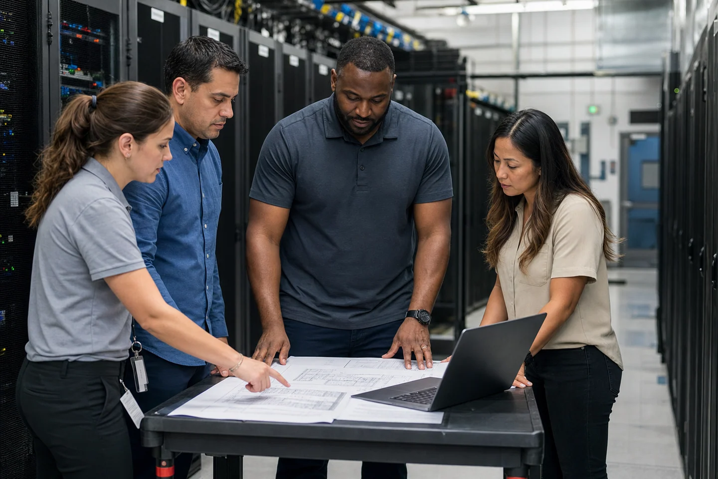 Arizona data center contractor team reviewing infrastructure diagrams, uptime plans, and technology E&O insurance documents in a server room.