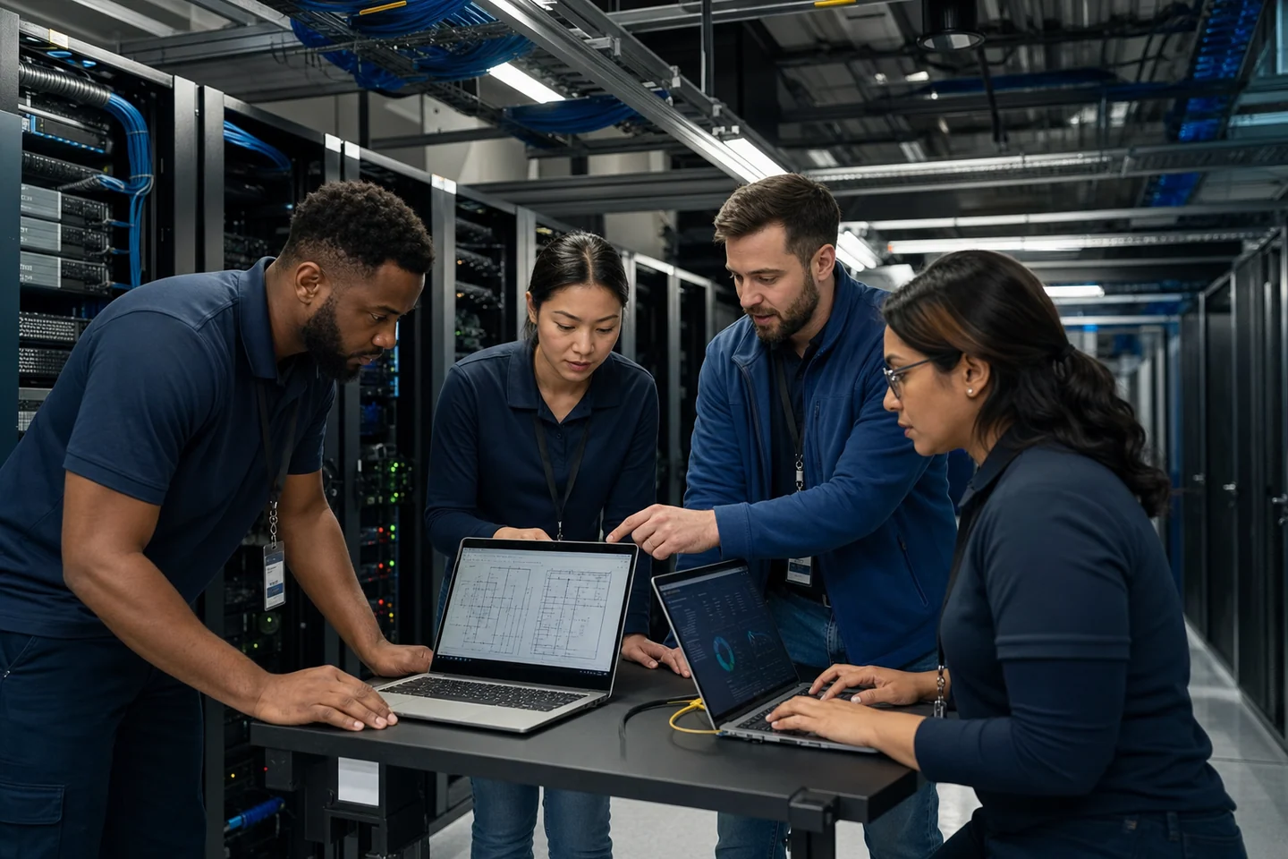 Data center contractor team reviewing network cutover plans and cybersecurity dashboards in a server room.