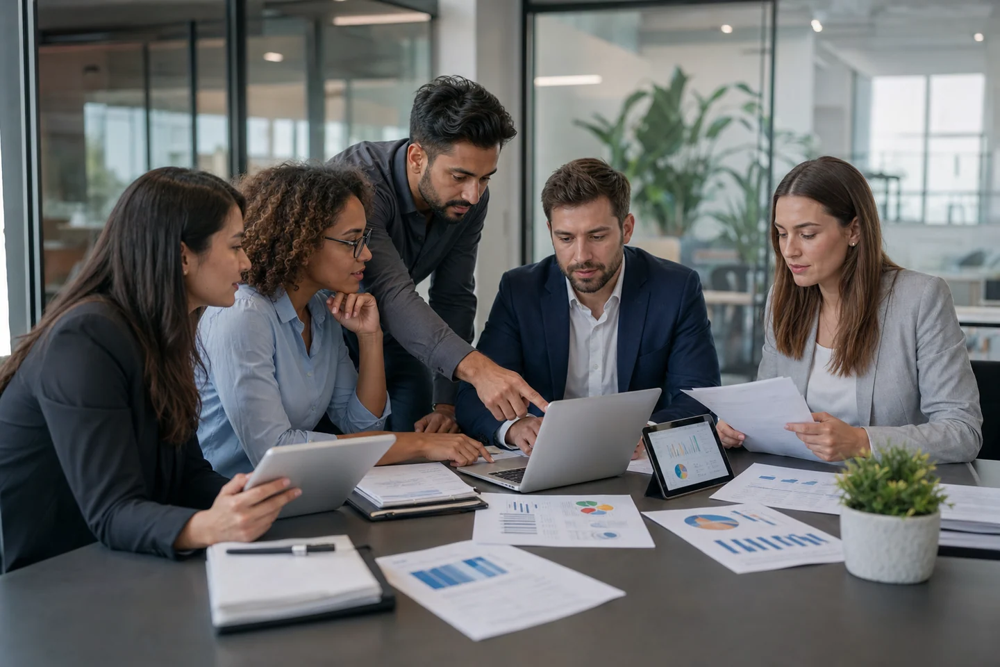 Lead generation agency team reviewing call tracking dashboards, CRM reports, and compliance checklists in a modern office.
