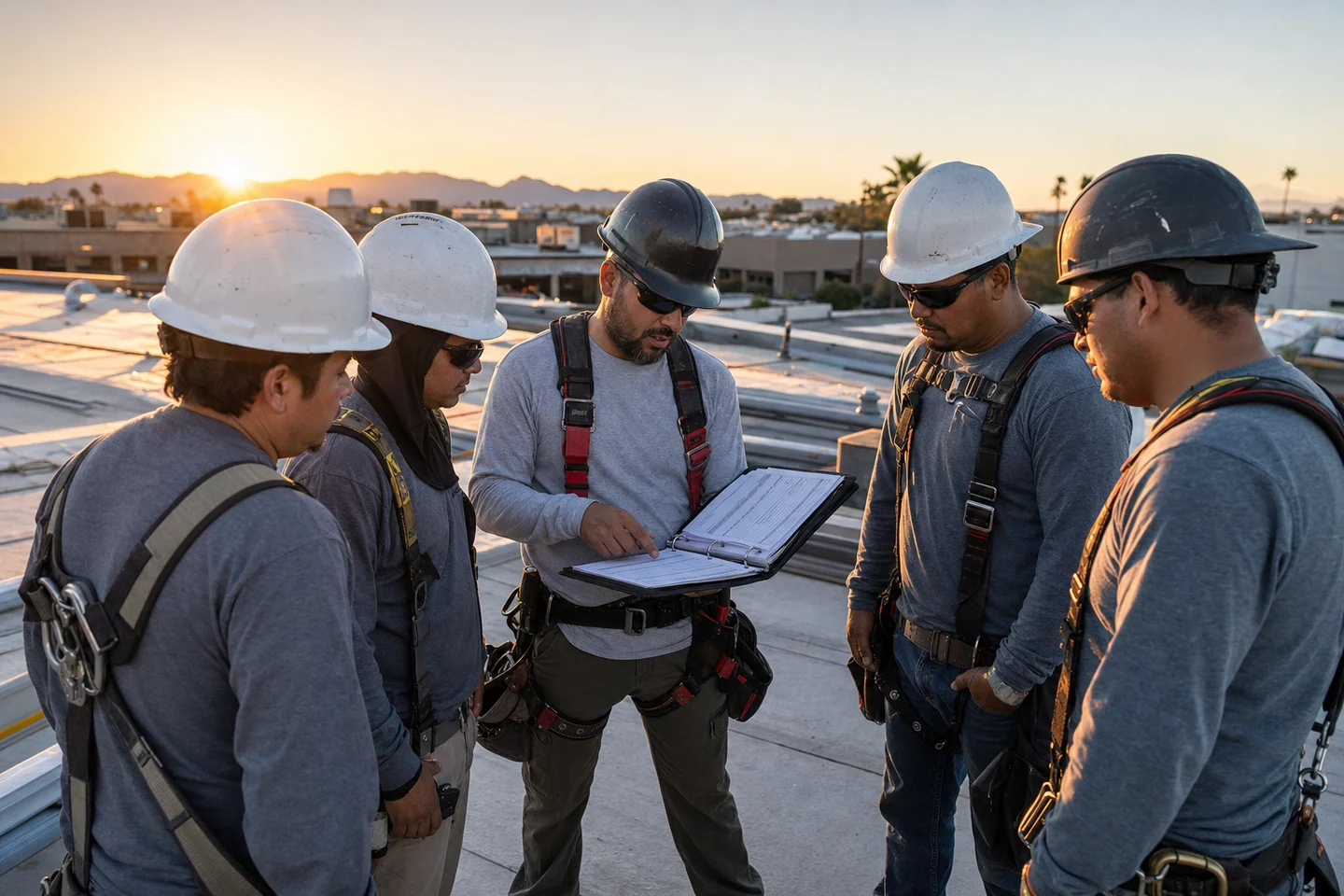 Arizona roofing supervisor reviewing worker classification and safety documents with a crew at a sunrise jobsite.