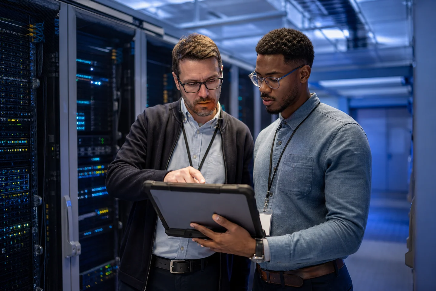 Data center contractor reviewing remote monitoring dashboards and cybersecurity alerts in a server room.