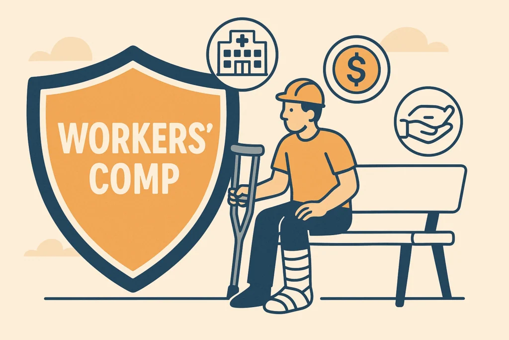 Flat-style vector illustration of a shield labeled “Workers’ Comp” protecting an injured worker sitting on a bench with a crutch, with icons for hospital, money, and support floating around