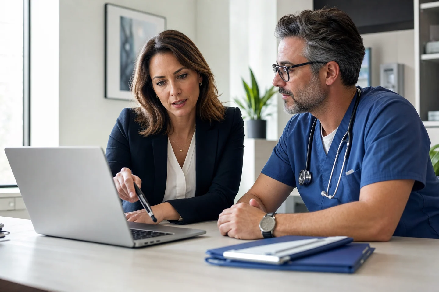 Healthcare administrator and clinician reviewing a secure patient portal dashboard and cybersecurity checklist on a laptop in a modern medical office.
