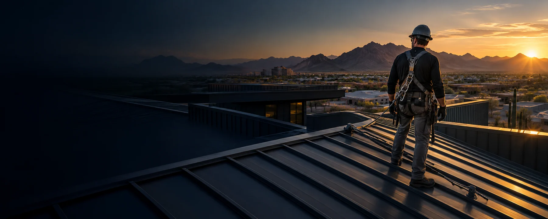 Roofer overlooking an Arizona roofscape at sunset