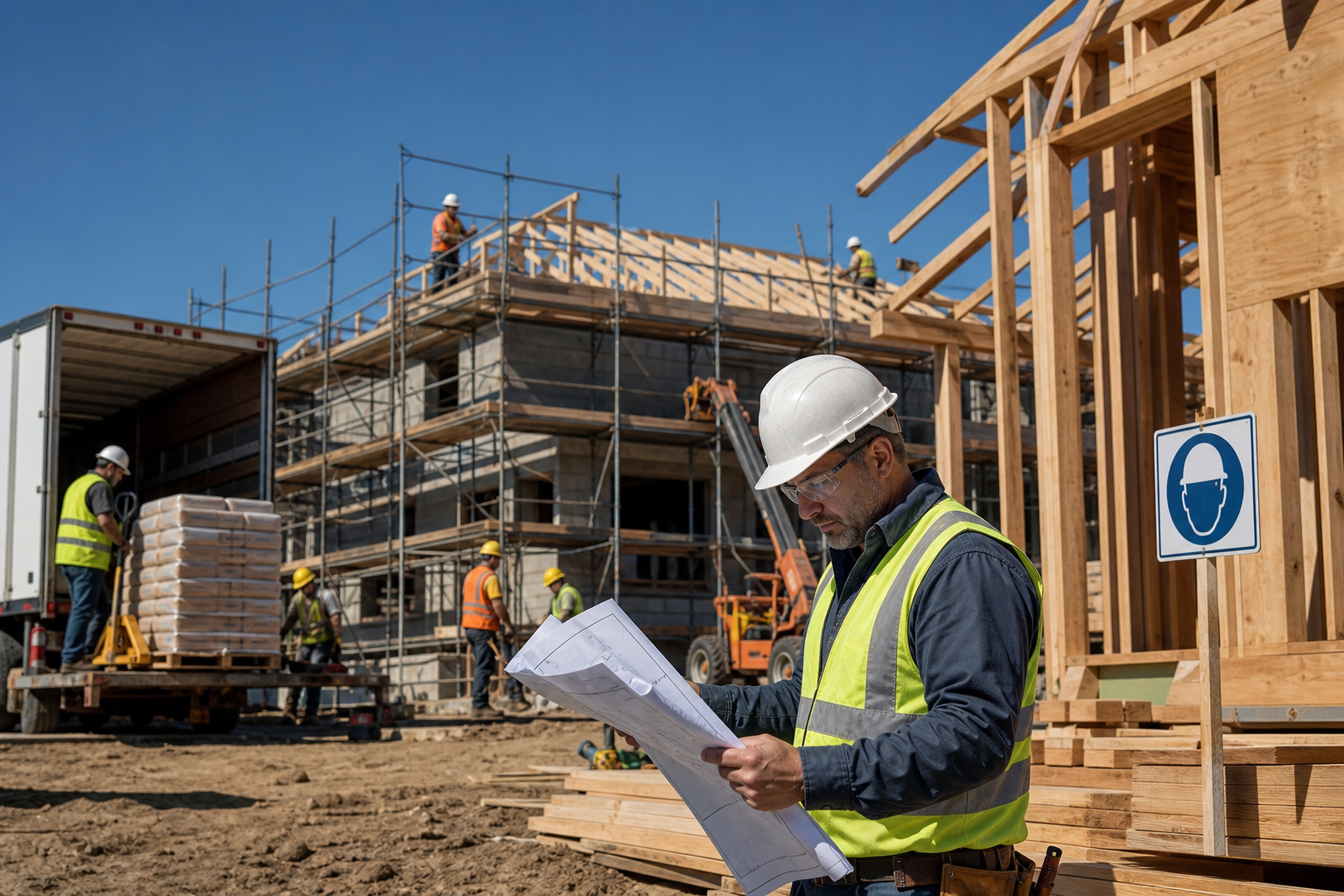 General contractor reviewing blueprints on a commercial construction site
