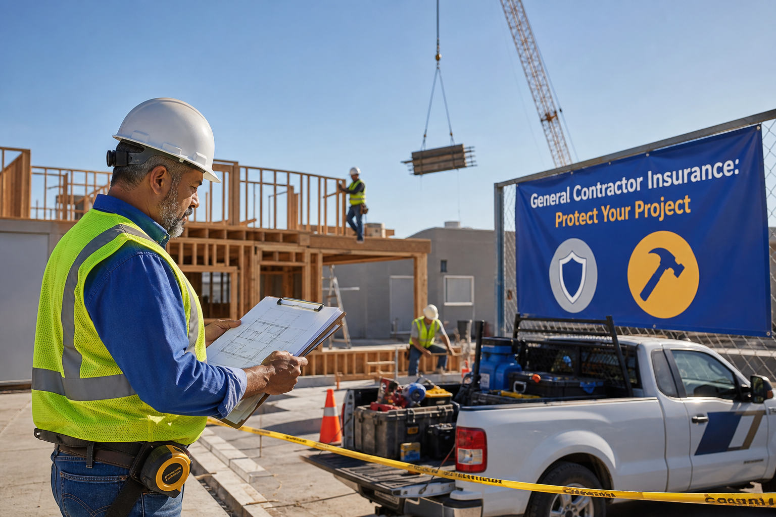 General contractor reviewing an insurance certificate on a residential construction site