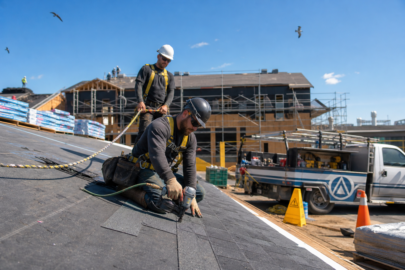 Roofing contractor installing shingles while wearing fall-protection harness on a residential roof
