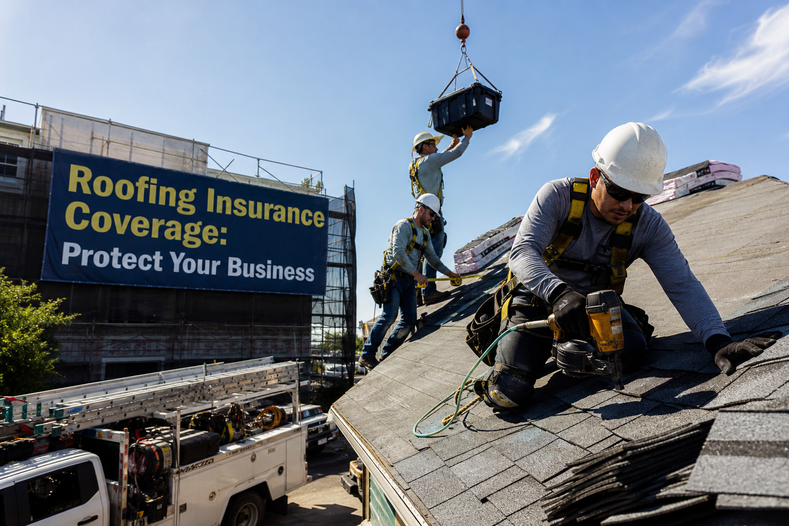 Roofing crew installing shingles on a residential roof at height