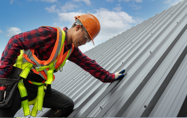 A professional Arizona roofing contractor inspecting a roof with safety gear
