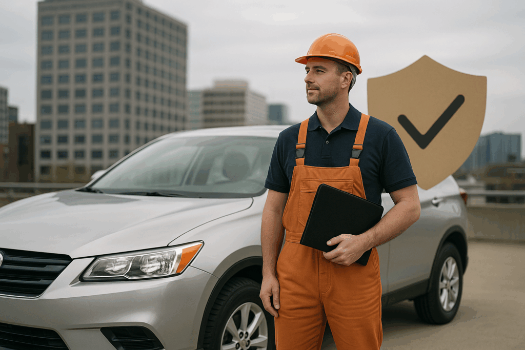 An HVAC technician in orange overalls and a hard hat stands beside a silver sedan in a city parking lot. He holds a clipboard and looks to the side, with modern office buildings and a large shield with a checkmark in the background, symbolizing protection and insurance.