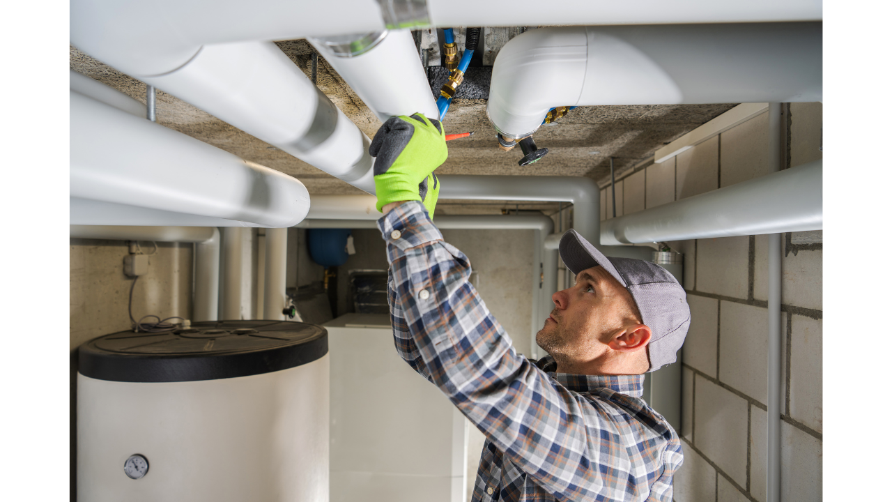 HVAC technician in a plaid shirt and cap inspecting and adjusting overhead piping in a mechanical room with insulated ducts and a hot water tank visible.