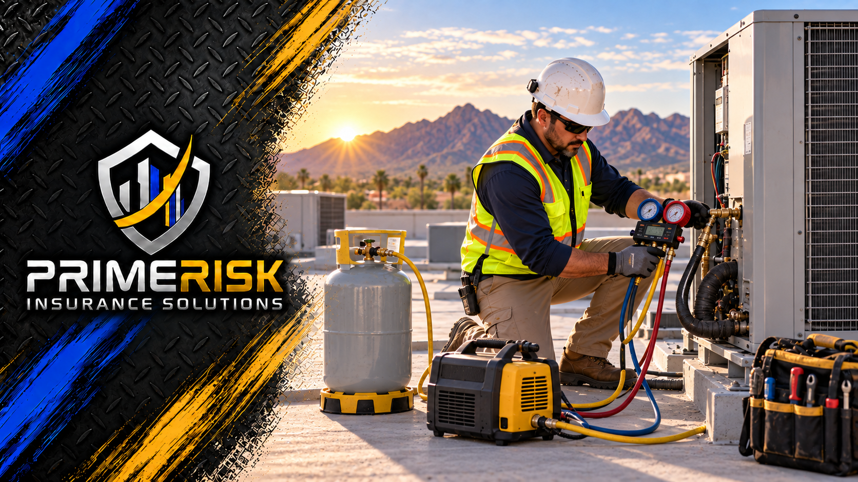 Arizona HVAC contractor servicing an A2L-ready rooftop air-conditioning unit with recovery equipment at sunrise.