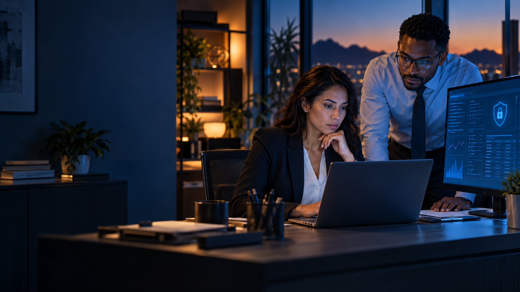 Accounting professionals reviewing secure tax and financial data systems for cyber insurance planning.
