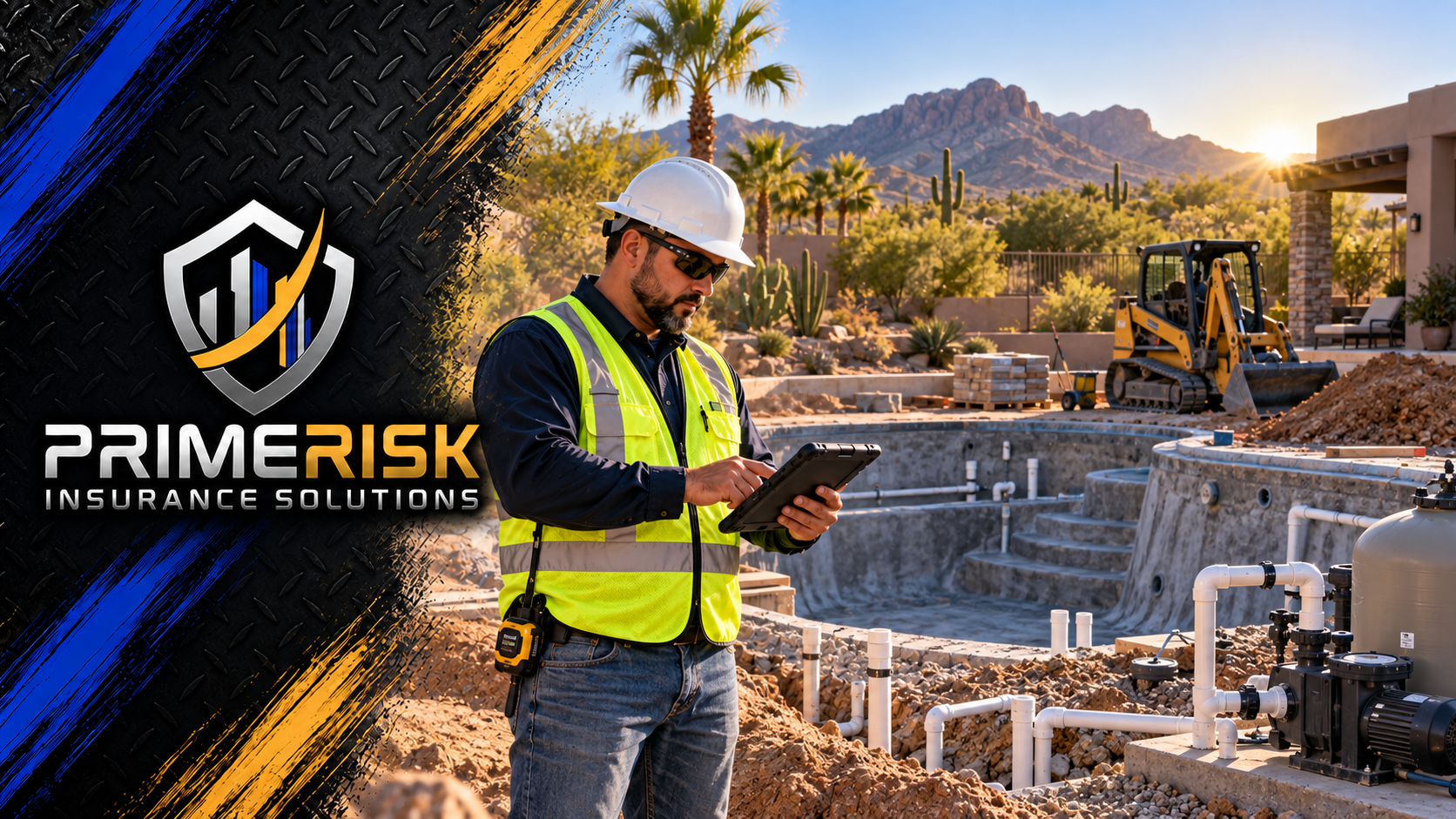Arizona pool contractor inspecting an active residential swimming pool construction site.