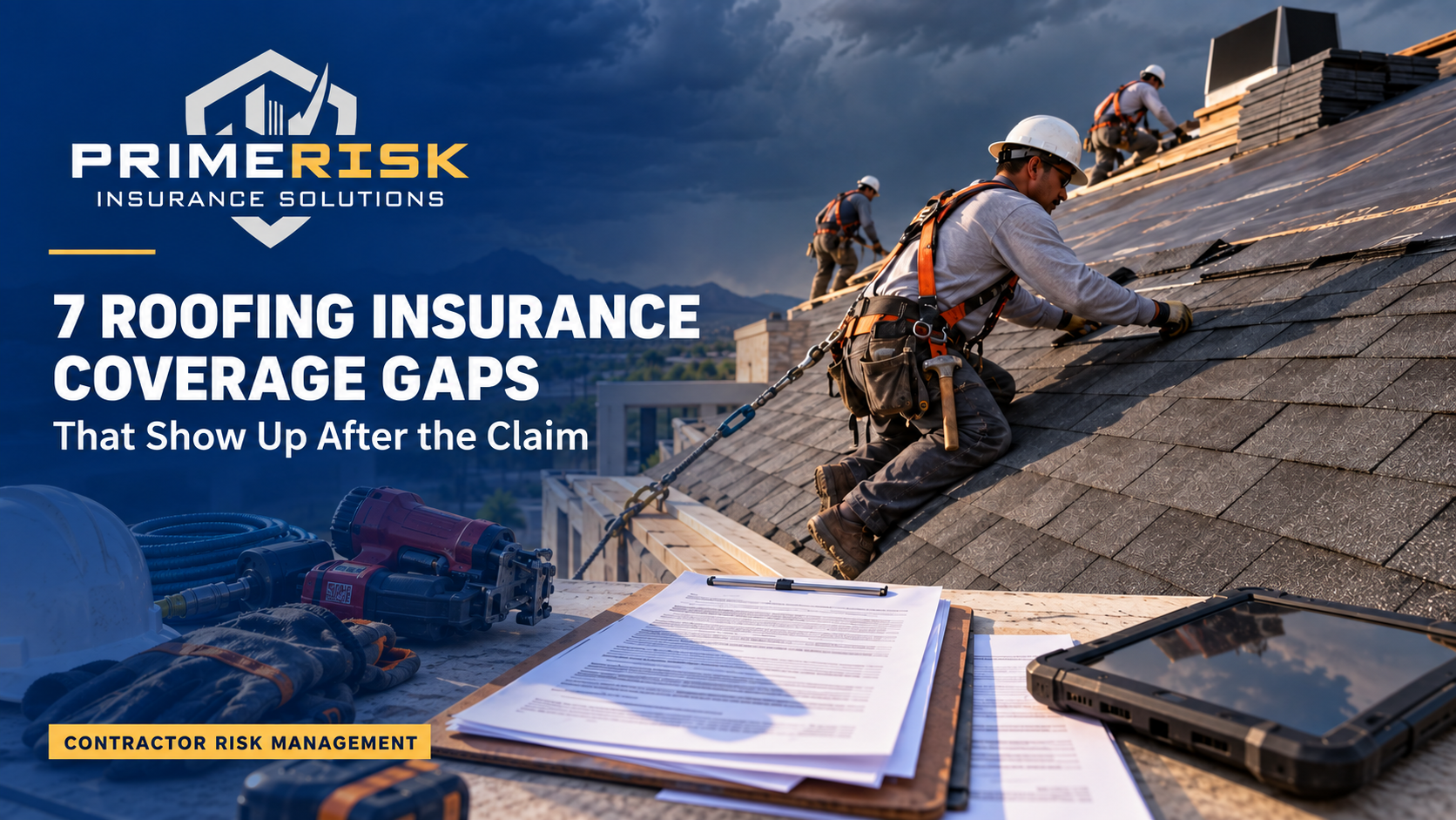 Roofing crew installing shingles on a steep residential roof while wearing fall protection harnesses