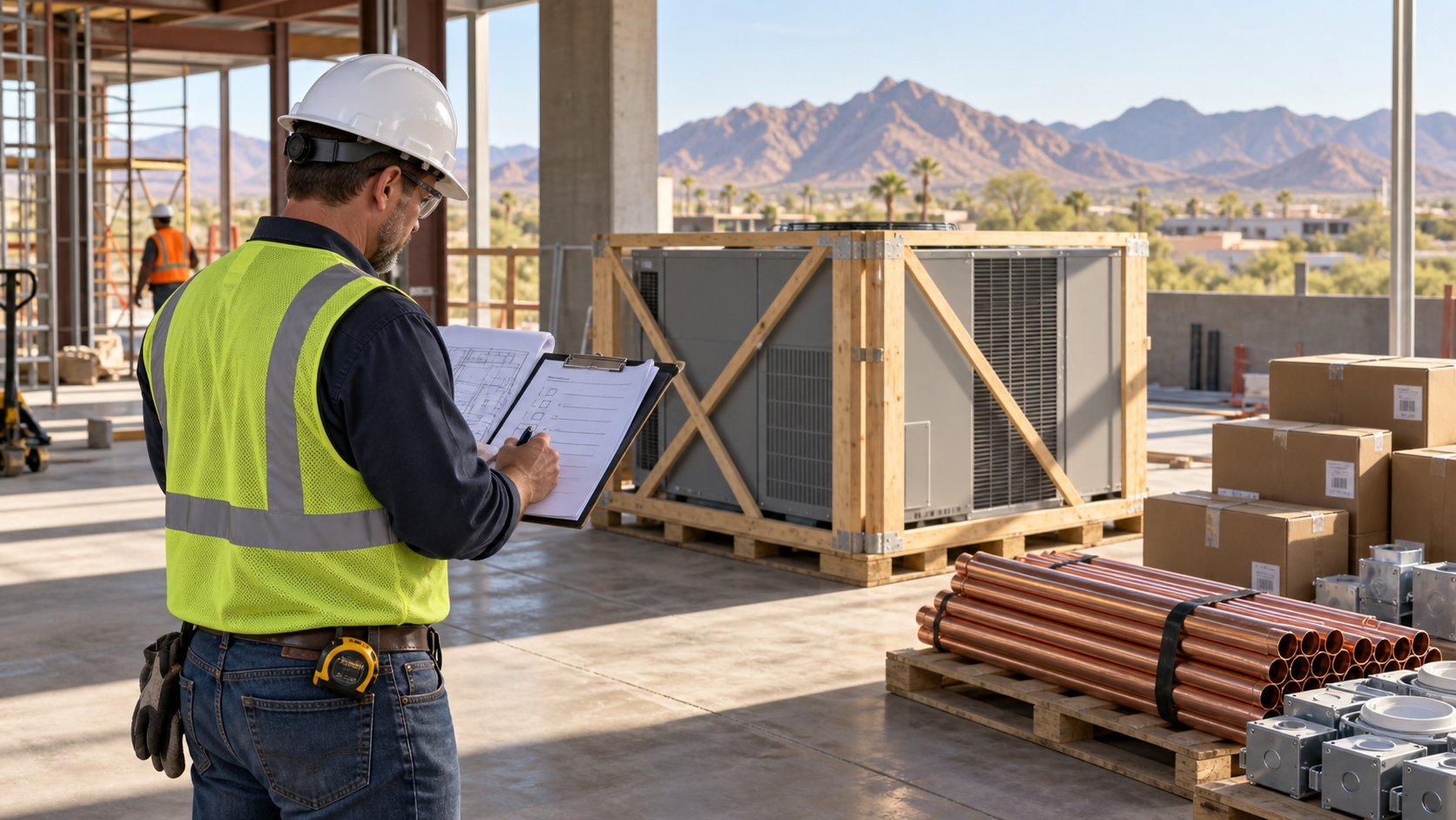 Arizona contractor reviewing a materials checklist beside an uninstalled commercial HVAC unit, copper piping, and electrical fixtures at a construction site.