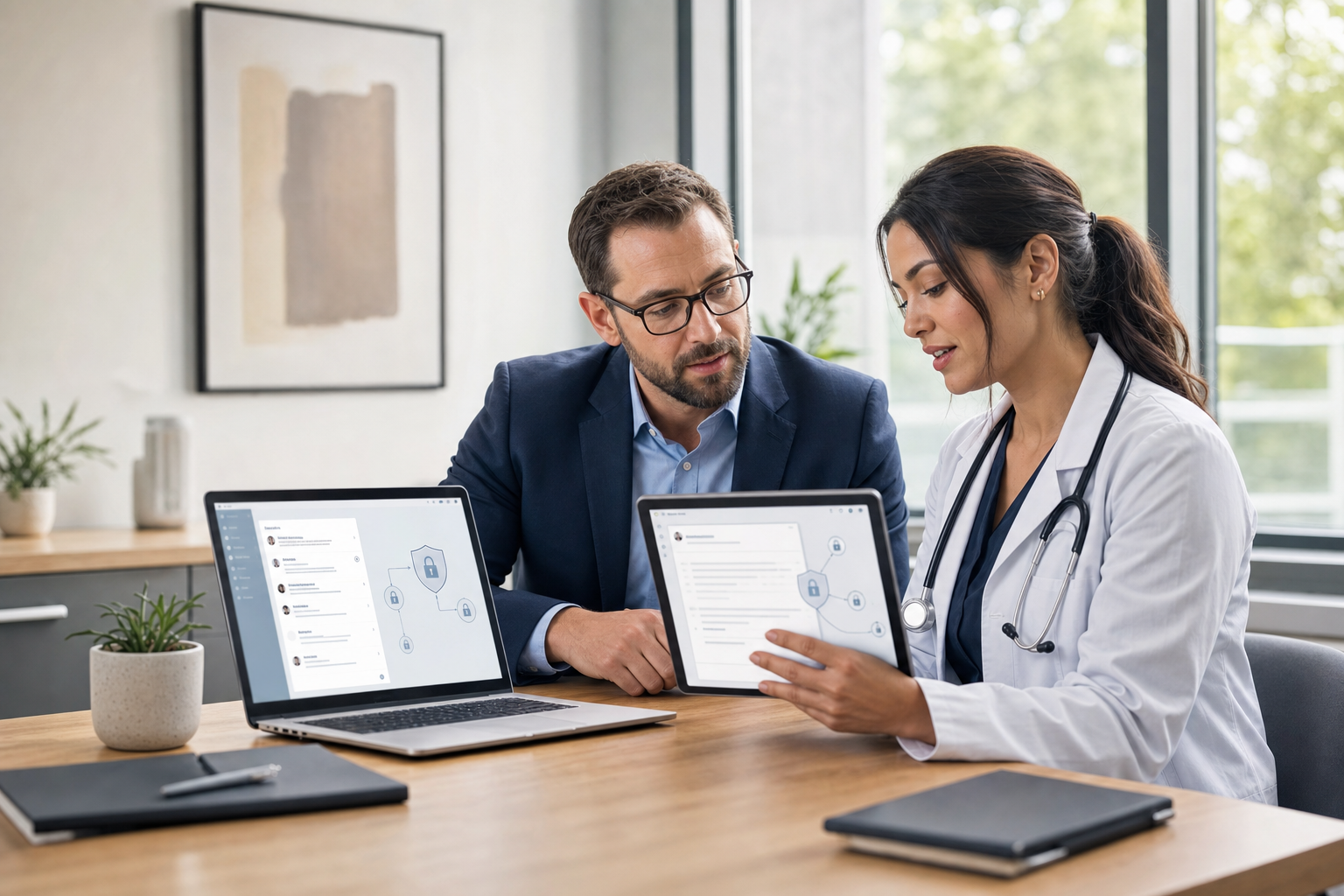 Healthcare administrator and clinician reviewing an AI medical scribe workflow on a laptop in a modern clinic with subtle cybersecurity visuals.