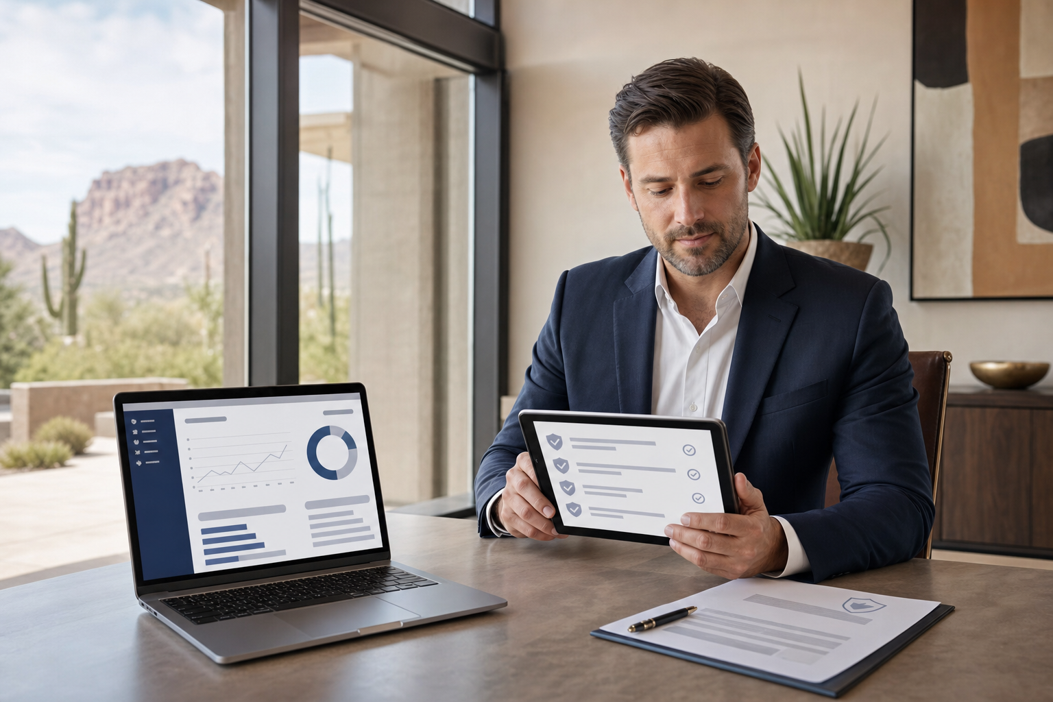 Business consultant in a modern Arizona office reviewing client access dashboards, cybersecurity notes, and insurance paperwork on a laptop.