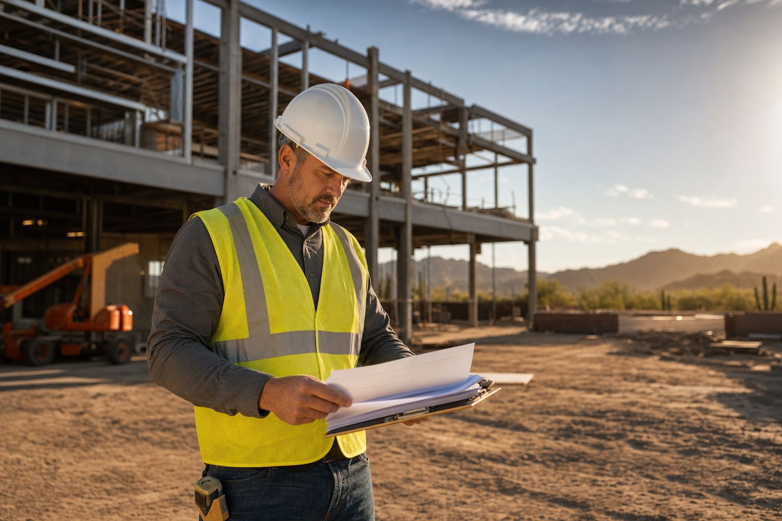 Arizona contractor reviewing builder's risk insurance documents and project plans at an active commercial construction site.