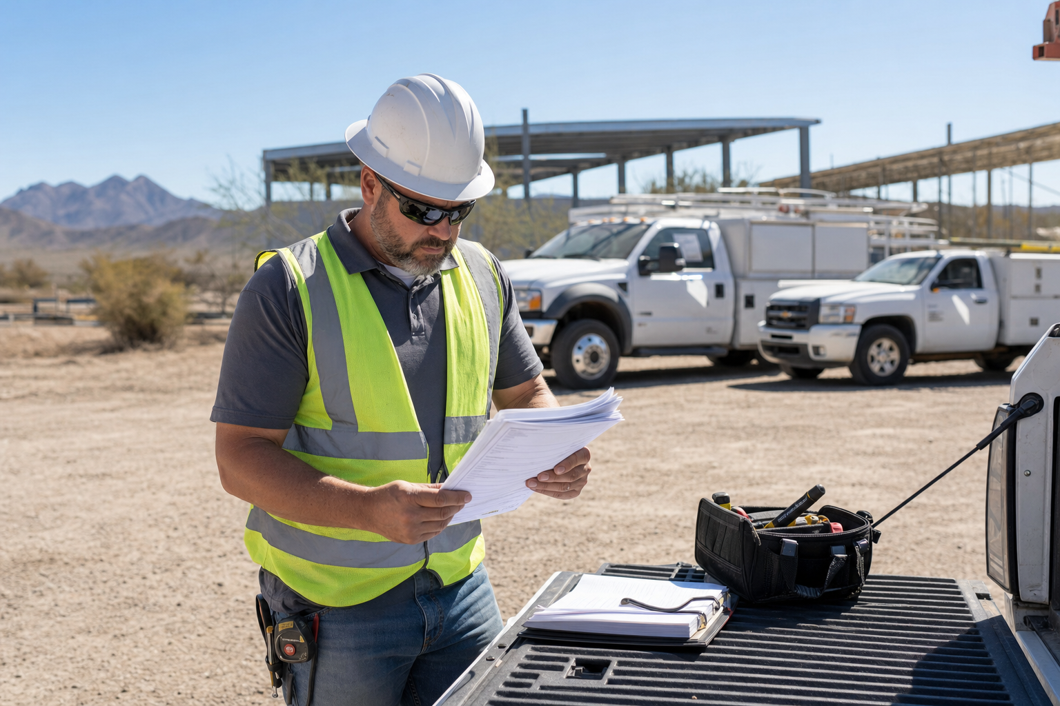 Arizona contractor reviewing certificate of insurance, additional insured endorsement, and waiver of subrogation documents on a pickup tailgate at a commercial job site.
