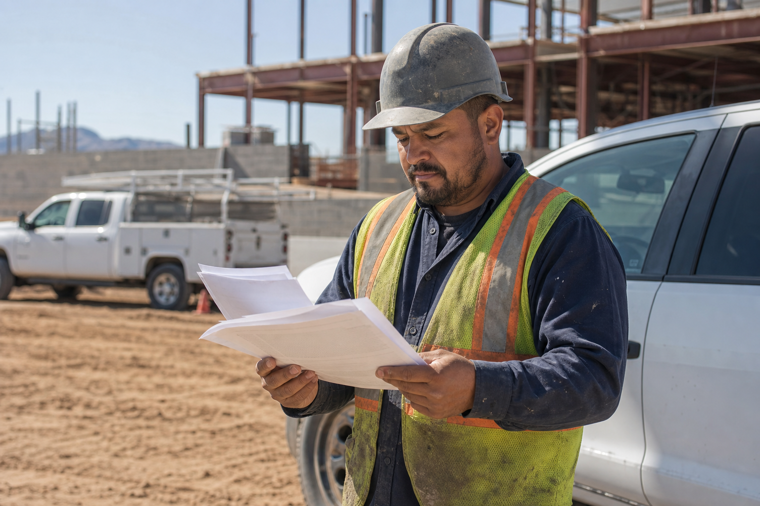 Arizona contractor reviewing general liability, commercial auto, and umbrella insurance documents at a job site.