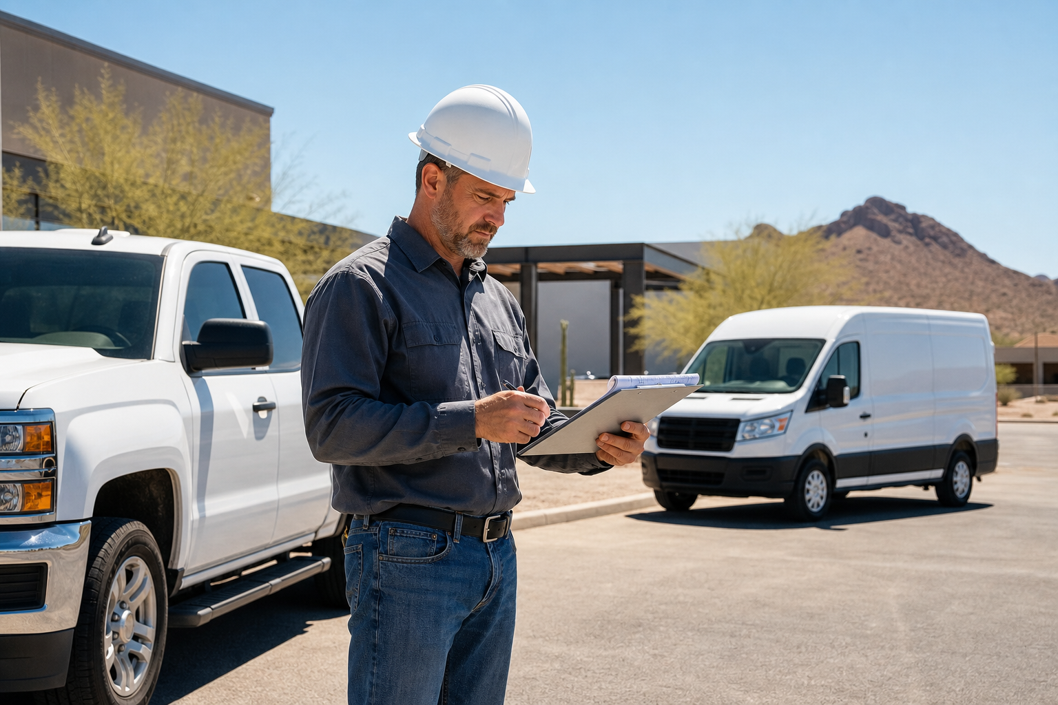 Arizona contractor reviewing insurance paperwork beside a white pickup truck and cargo van at a commercial job site.
