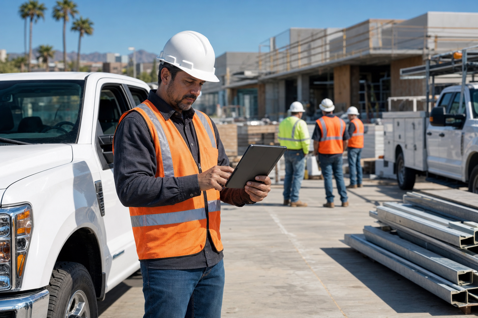 Arizona contractor in a safety vest at a commercial job site reviewing a certificate of insurance checklist on a tablet beside white work trucks and subcontractors.