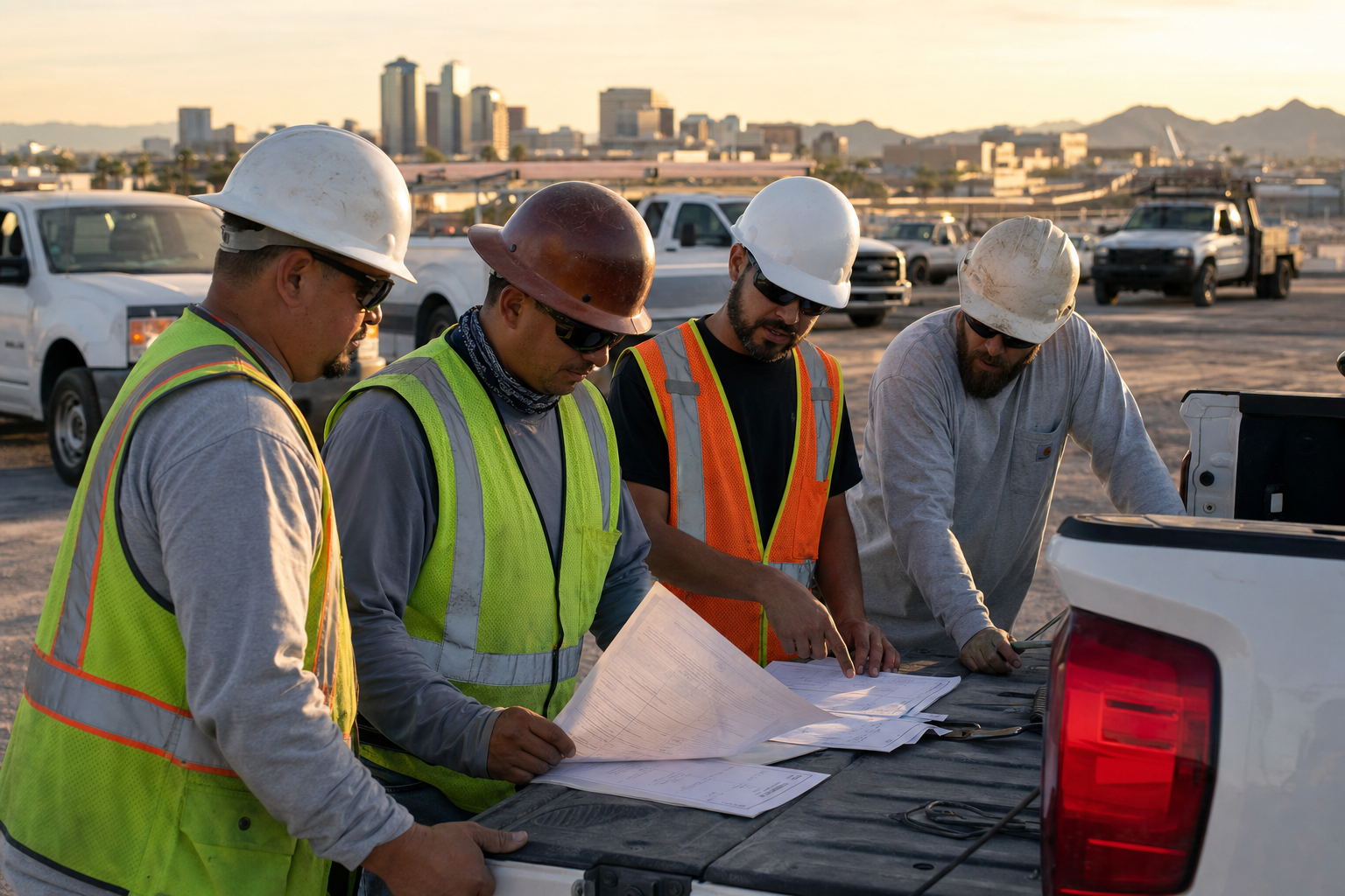 Group of blue-collar Arizona contractors in safety vests reviewing general liability insurance documents and certificates of insurance on a pickup truck tailgate at a Phoenix job site at golden hour, with white work trucks and a desert skyline in the background.