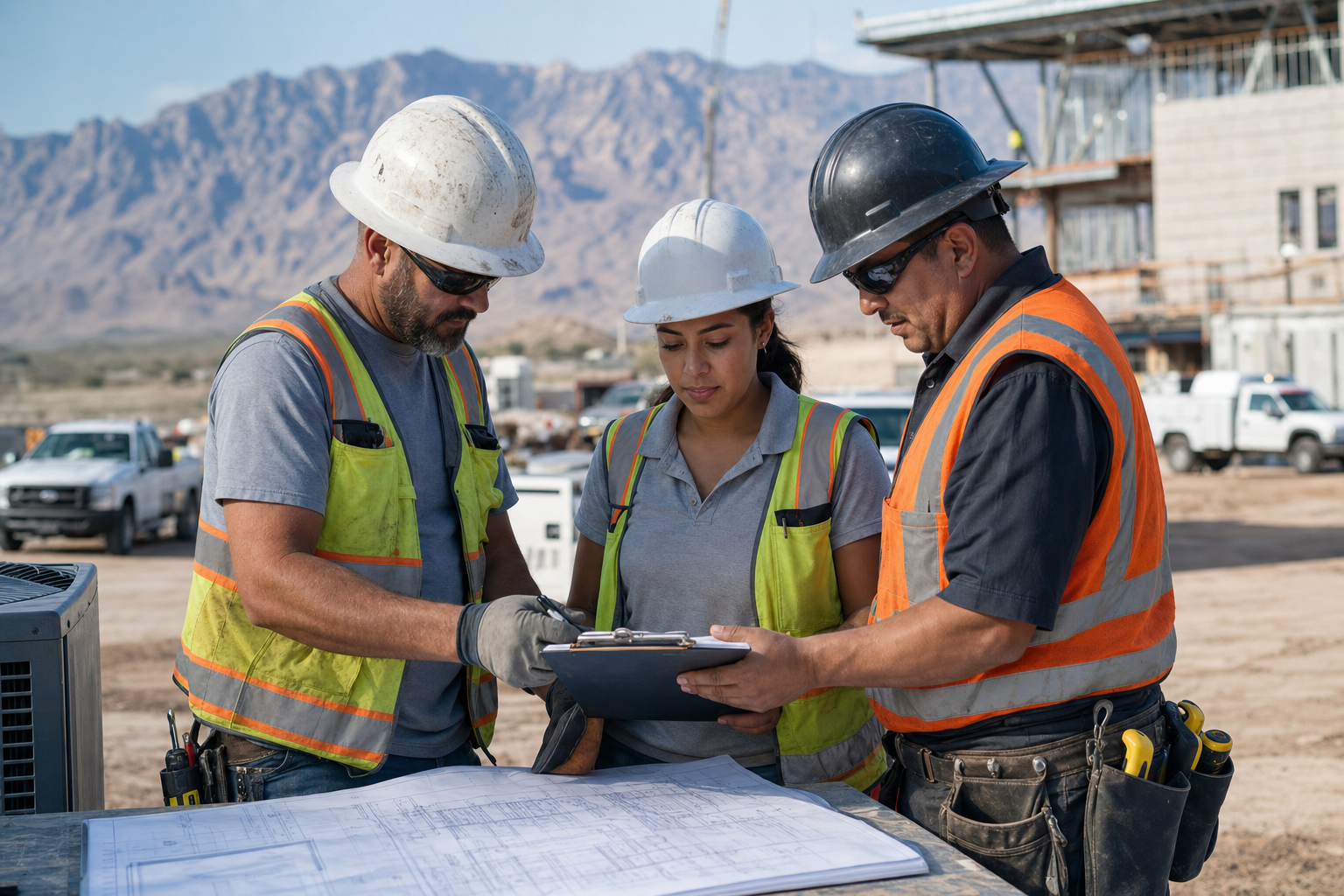 Group of Arizona contractors in safety vests reviewing insurance documents and blueprints at a commercial job site with white work trucks and desert mountains in the background