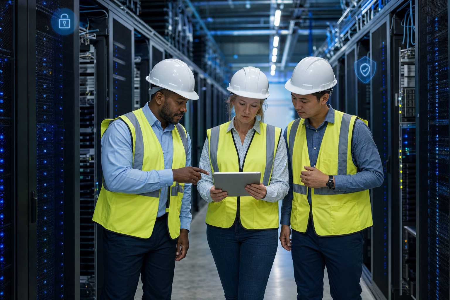 Arizona data center contractors in hard hats and safety vests walking through a data hall lined with server racks while reviewing cyber liability insurance and contract documents on a tablet, with subtle digital security icons overlaid.
