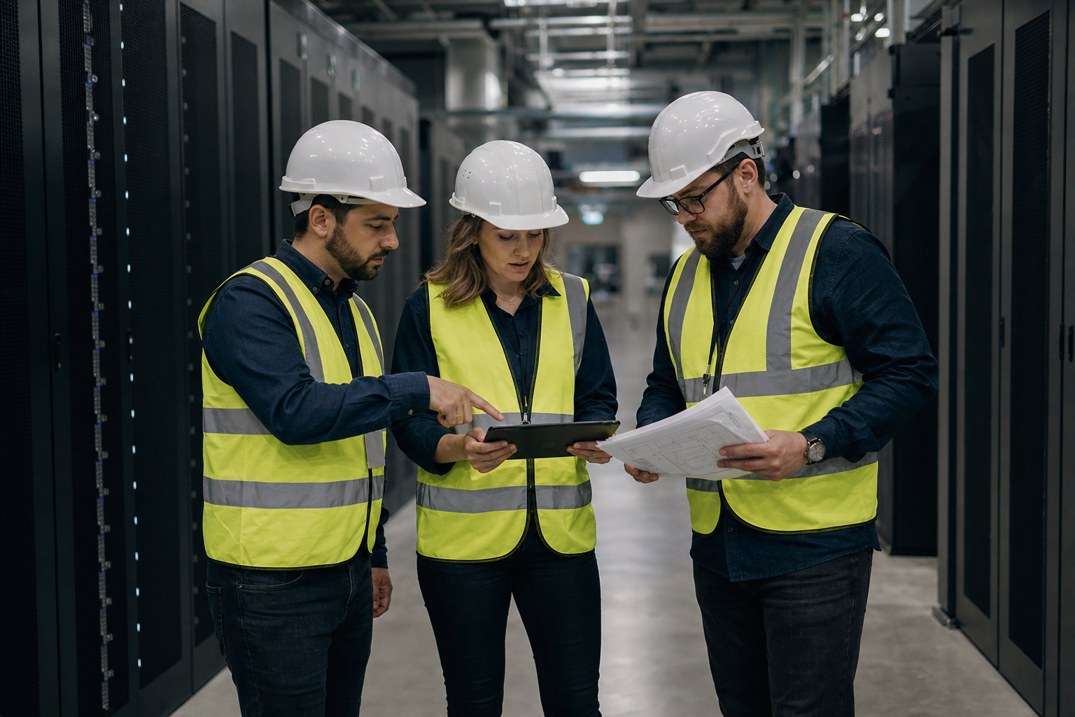 Arizona data center contractors in a server room reviewing uptime plans, cyber incident response documents, and infrastructure diagrams on a tablet.