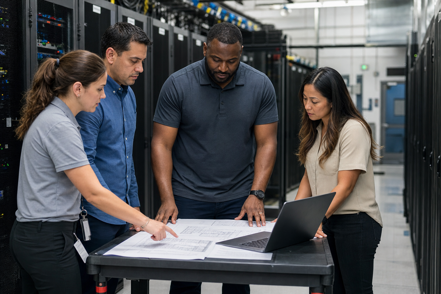 Arizona data center contractor team reviewing infrastructure diagrams, uptime plans, and technology E&O insurance documents in a server room.