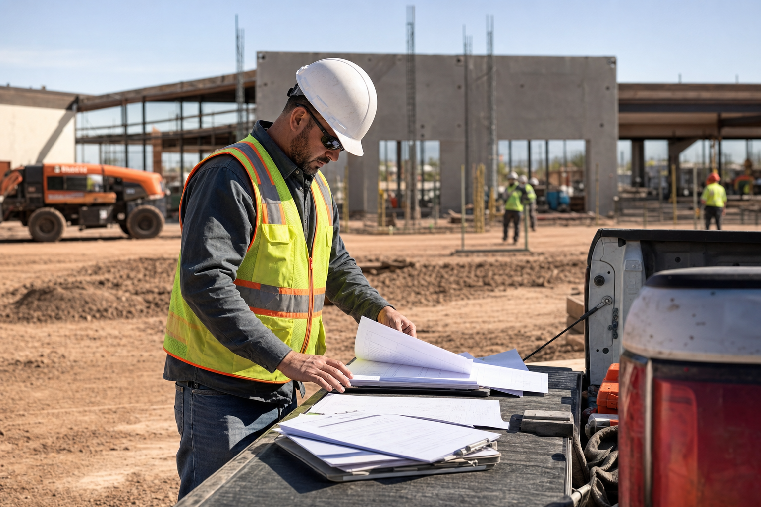 Arizona general contractor reviewing subcontractor certificates of insurance, project plans, and safety documents at a commercial job site.