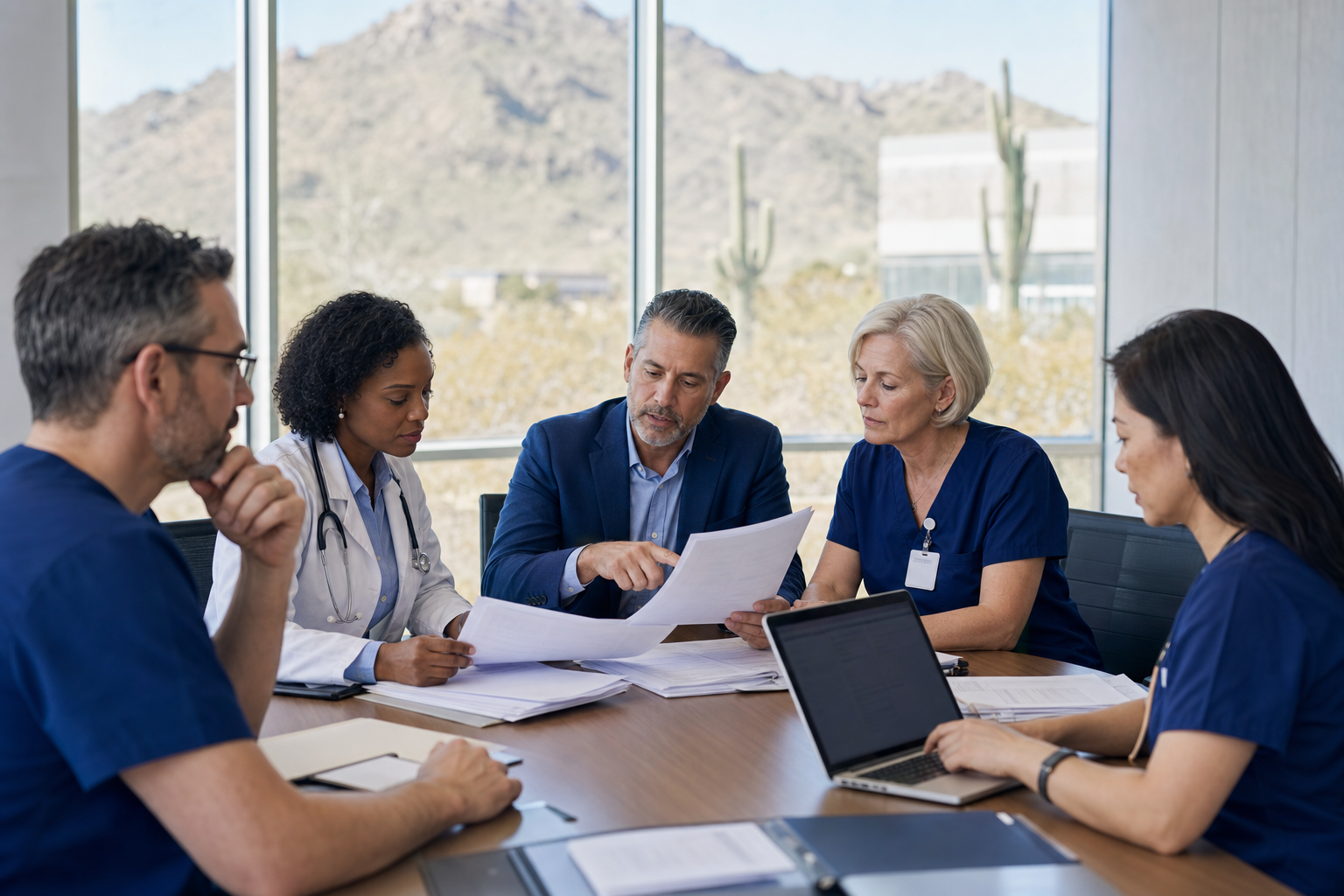 Arizona healthcare leaders reviewing a vendor breach plan and cyber insurance paperwork in a medical conference room.