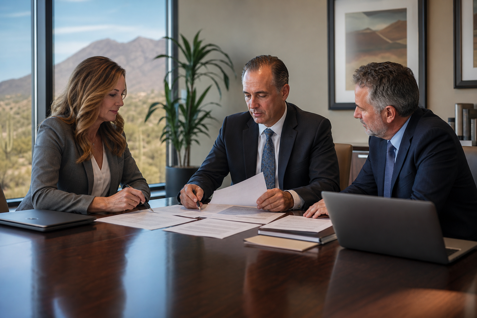 Arizona attorneys reviewing AI-use policies, cybersecurity controls, and cyber liability insurance documents in a conference room.