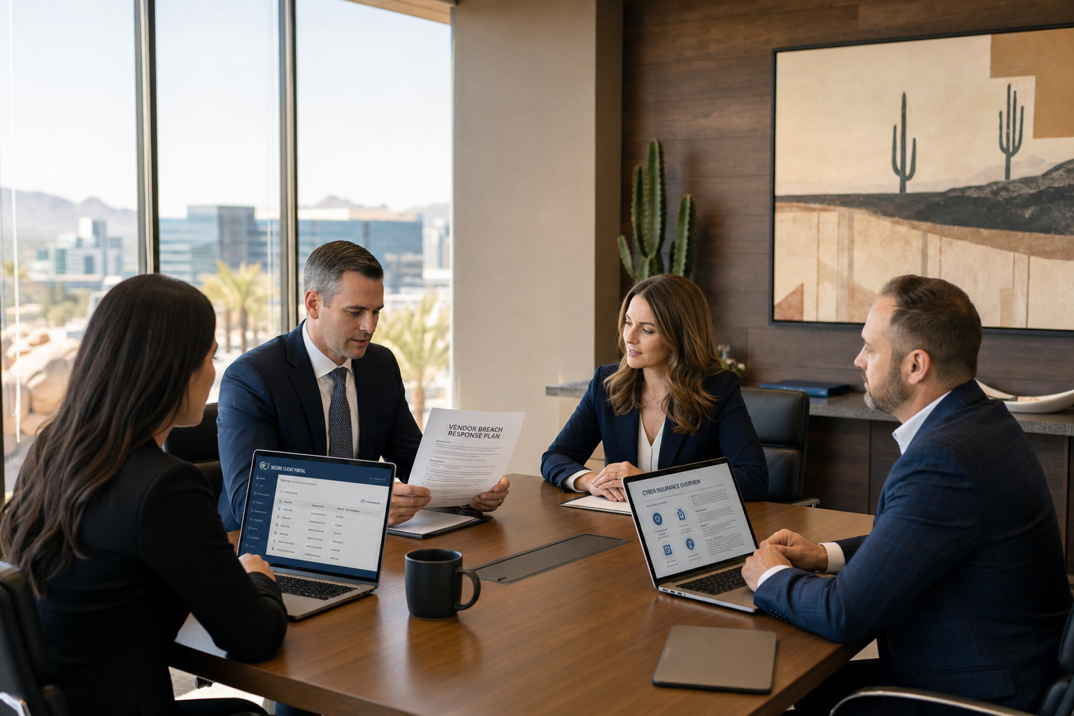 Arizona attorneys reviewing a vendor breach plan, cyber insurance forms, and secure portal dashboards in a conference room.