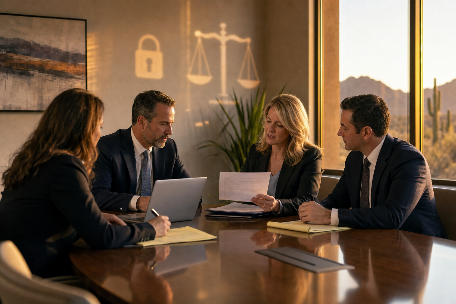 Arizona law firm conference room with attorneys reviewing cyber liability insurance and ABA cybersecurity guidance on laptops, with a subtle digital lock and scales of justice overlaid in warm desert evening light.
