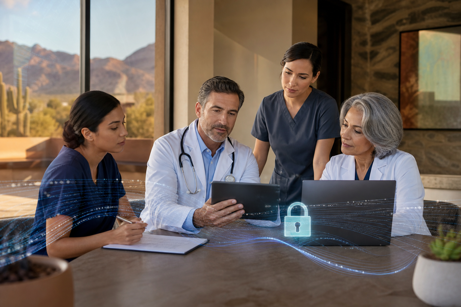 Arizona medical practice office team reviewing cyber insurance and HIPAA compliance documents on a tablet and laptop, with subtle digital padlock and data graphics overlaid in warm desert light.