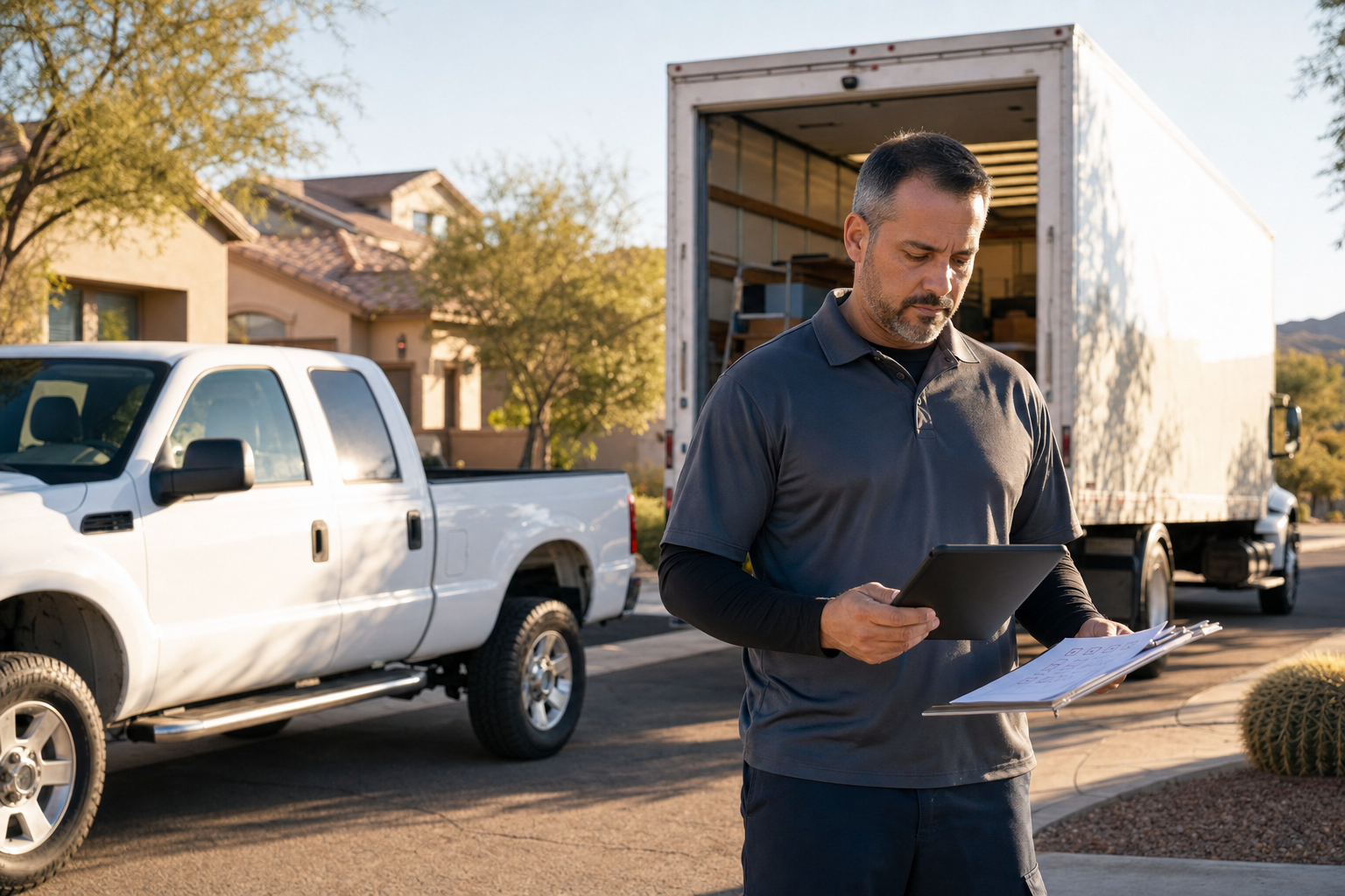 Arizona moving company owner beside a branded box truck reviewing commercial auto insurance documents and a driver safety checklist on a tablet.