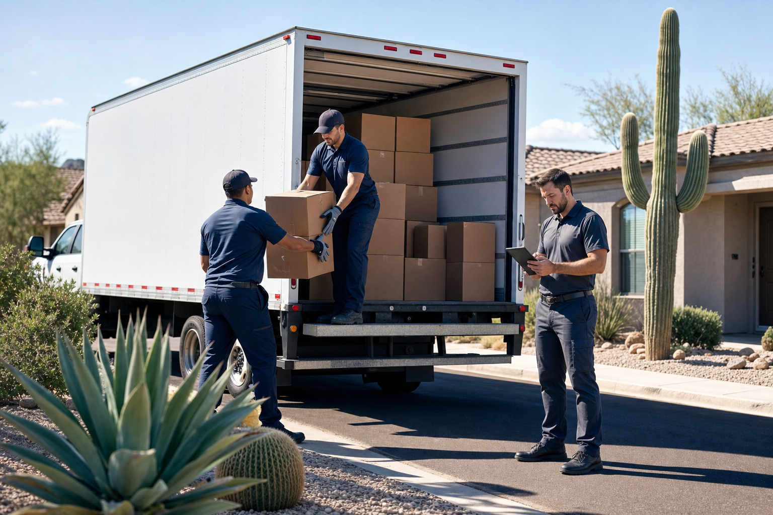 Small Arizona moving company startup with two movers loading boxes into a white branded box truck in a Queen Creek neighborhood while the owner reviews insurance documents on a tablet.