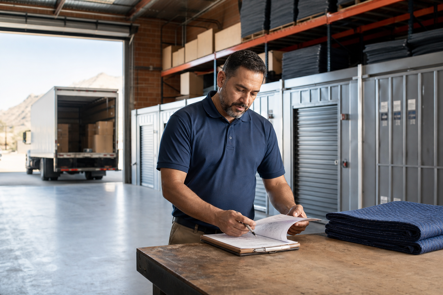 Arizona moving company manager reviewing storage inventory and warehouse legal liability insurance paperwork inside a warehouse.