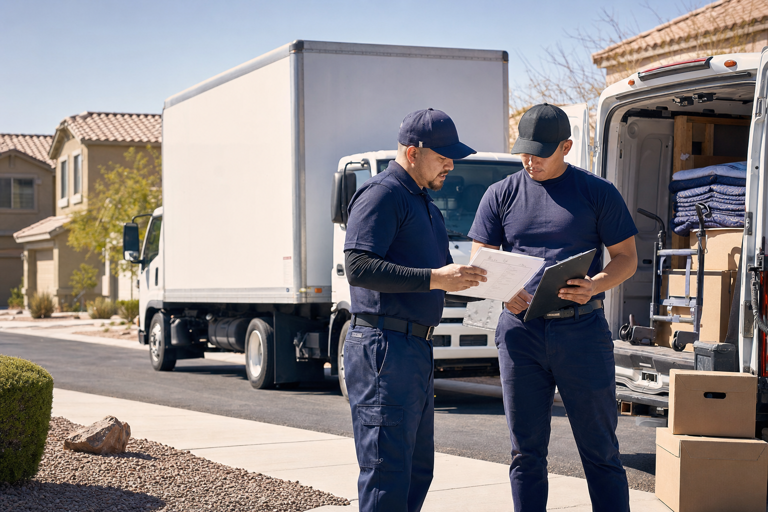 Arizona moving company crew leader reviewing insurance documents and a driver checklist beside a box truck and rented van in a suburban neighborhood.