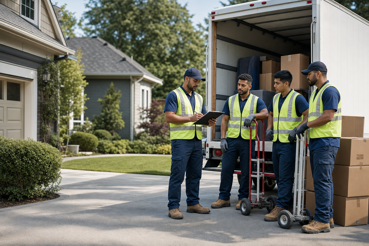 Arizona moving company crew beside a box truck while a team leader reviews a workers compensation and safety checklist.