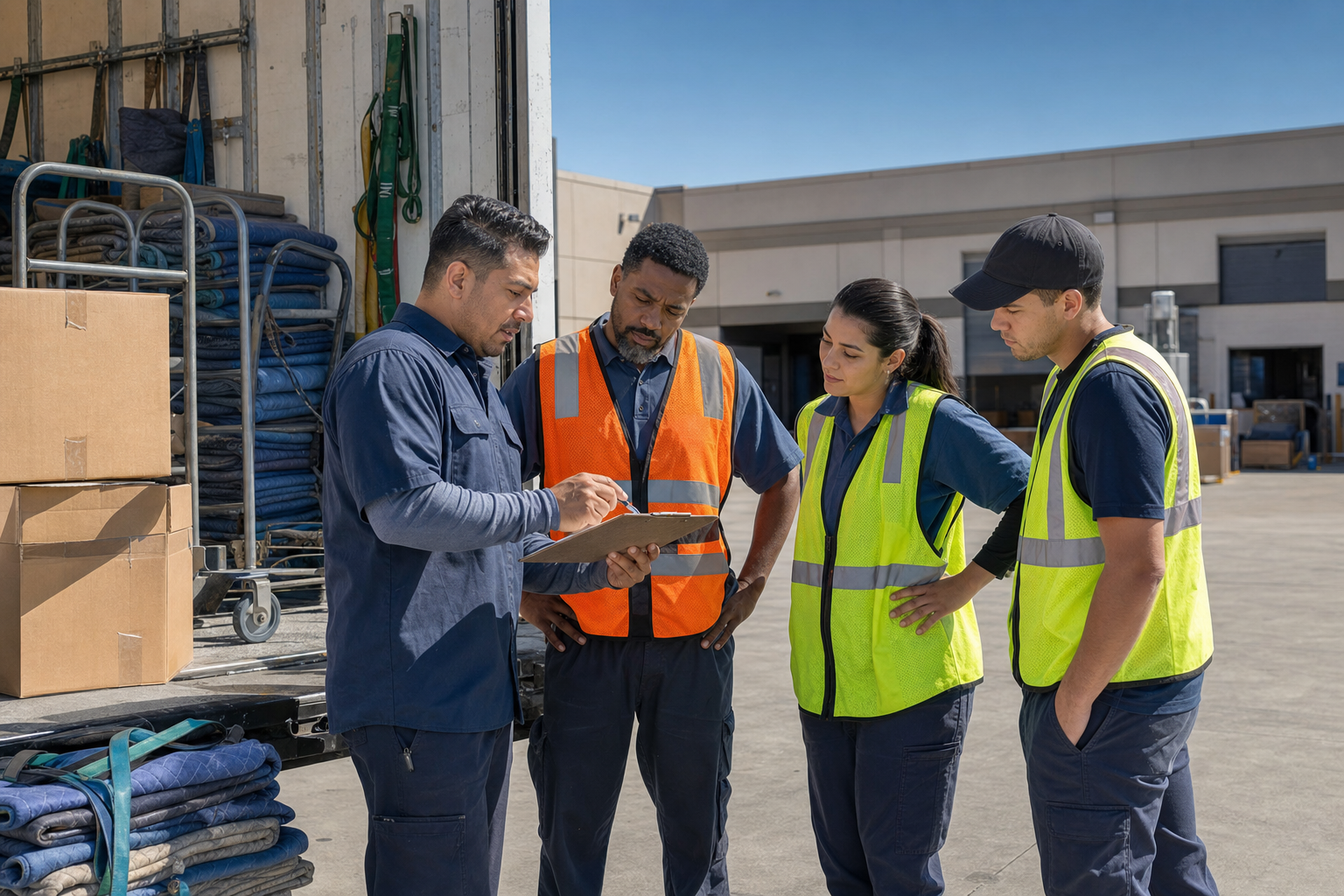 Arizona moving company supervisor reviewing a temporary worker safety checklist with crew members beside a box truck at a warehouse yard.