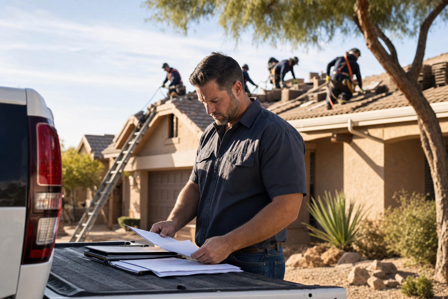 Arizona roofing contractor reviewing subcontractor certificates of insurance and workers compensation documents on a pickup truck tailgate at a residential job site.
