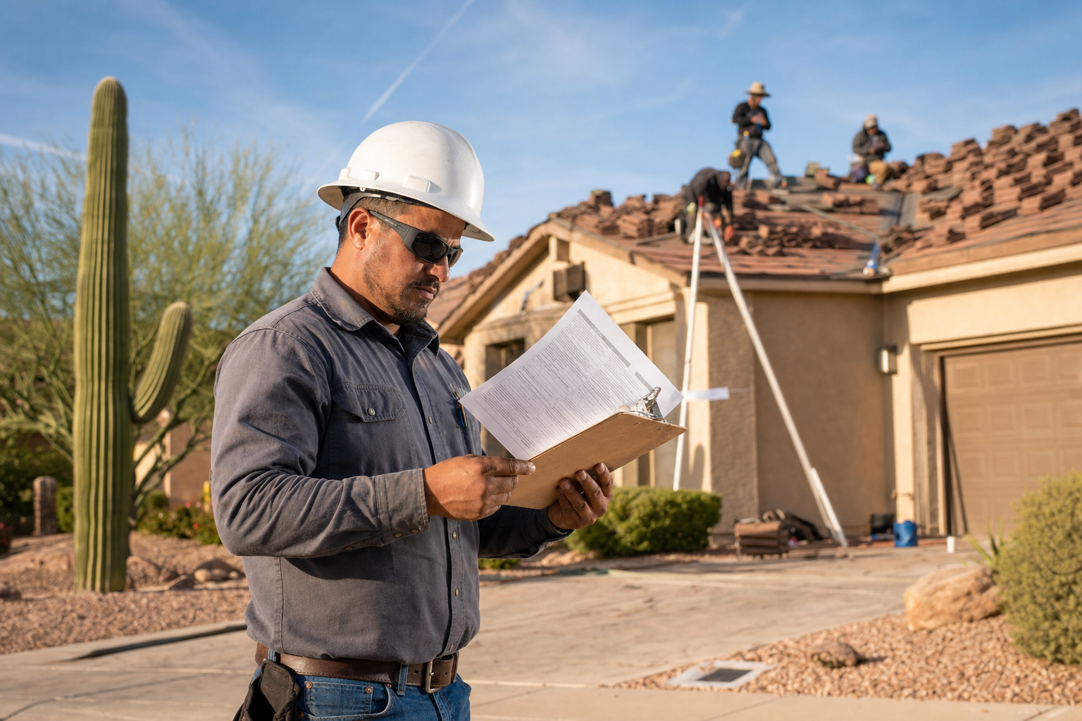 Arizona roofing contractor reviewing insurance exclusion documents and a certificate of insurance on a clipboard at a residential job site while a crew works on a tiled roof in the background.