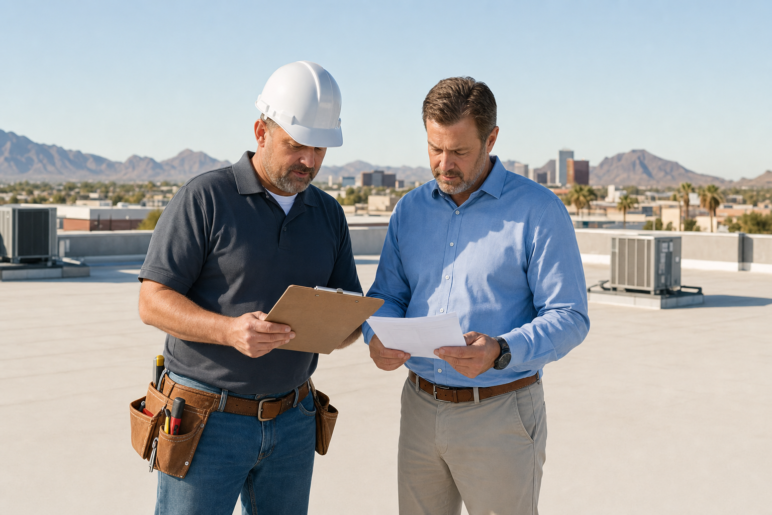 Arizona roofing contractor reviewing a leak claim checklist and insurance documents on a commercial roof with a client.