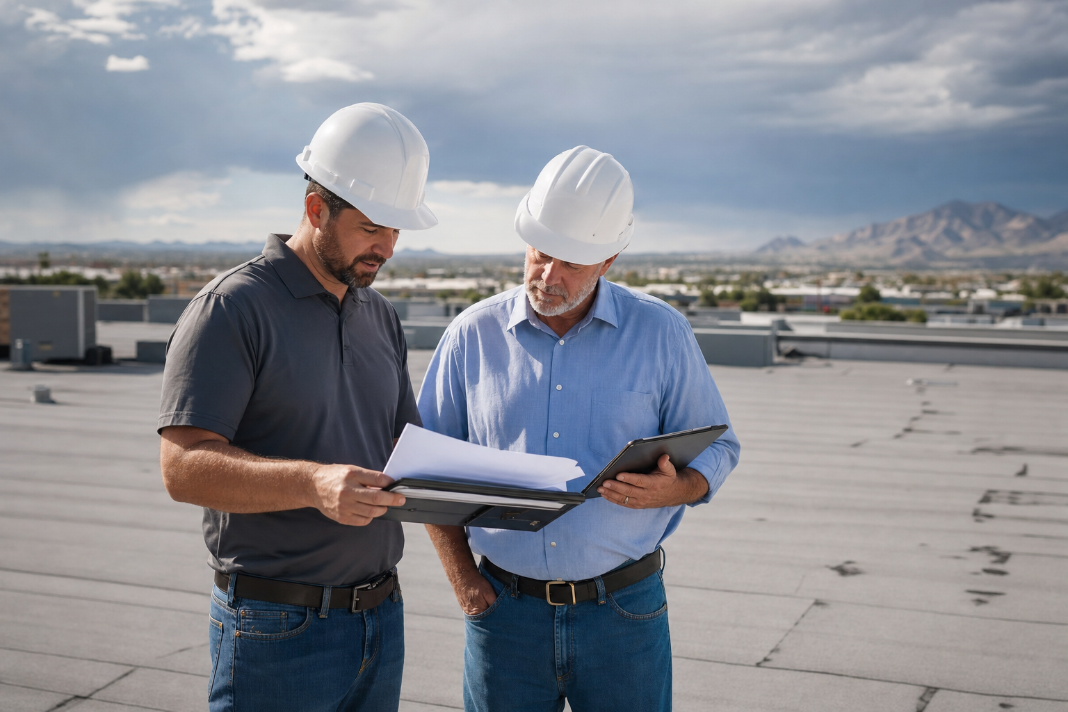 Arizona roofing contractor reviewing subcontractor insurance documents and a completed operations checklist with a building owner on a commercial roof.
