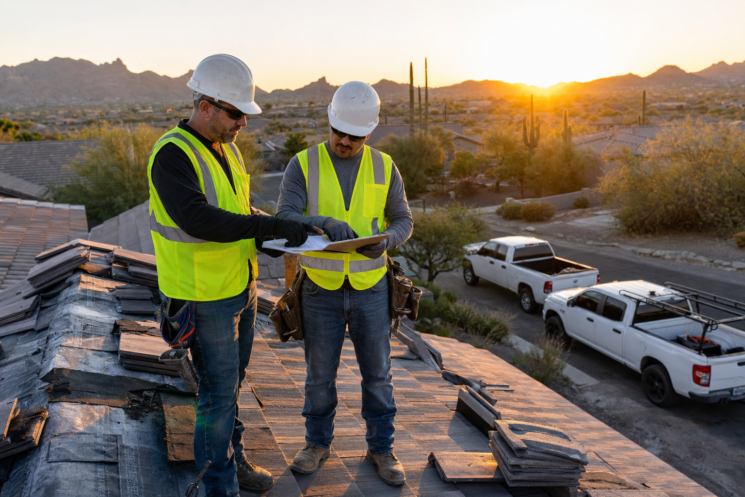 Arizona roofing business owner in safety gear reviewing workers comp and return‑to‑work paperwork with a foreman on a residential roof at sunrise, with white pickup trucks parked on the street and desert mountains in the background.
